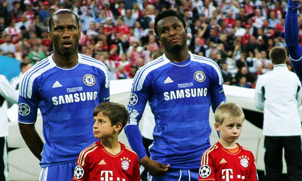 Chelsea's Didier Drogba and Mikel John Obi before the Champions League finalat the Allianz Arena, Munich, Germany. May 19, 2012.