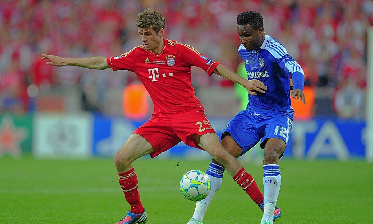 Chelsea's Mikel John Obi and Bayern Munich's Thomas Muller during the Champions League final at the Allianz Arena, Munich, Germany. May 19, 2012.