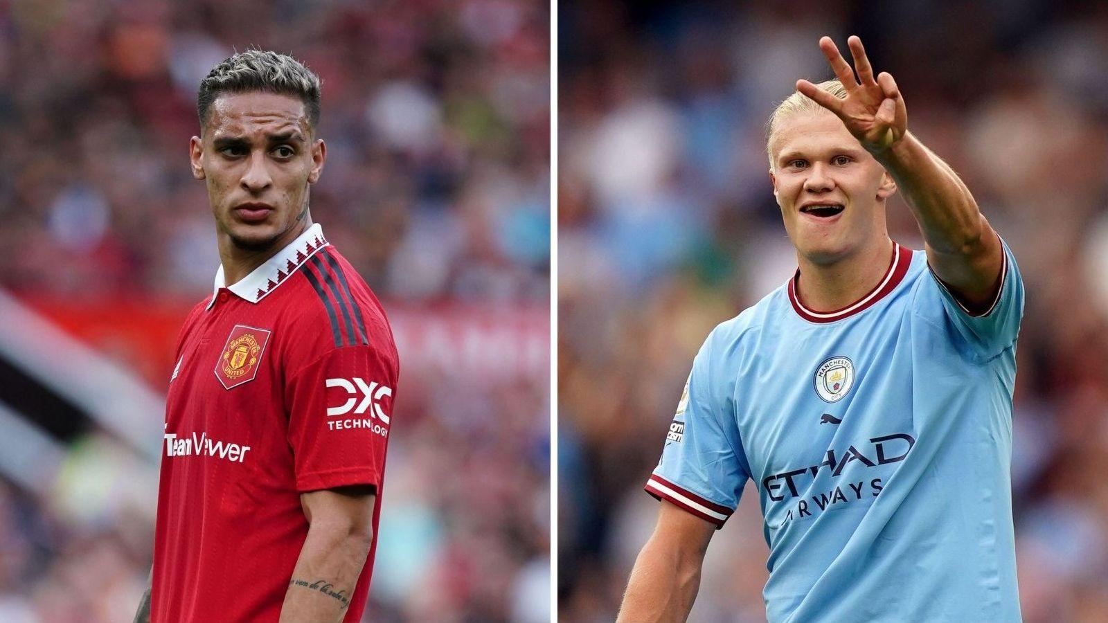 Composite image of Manchester United winger Antony and Manchester City striker Erling Haaland, both playing in the Premier League in 2022.