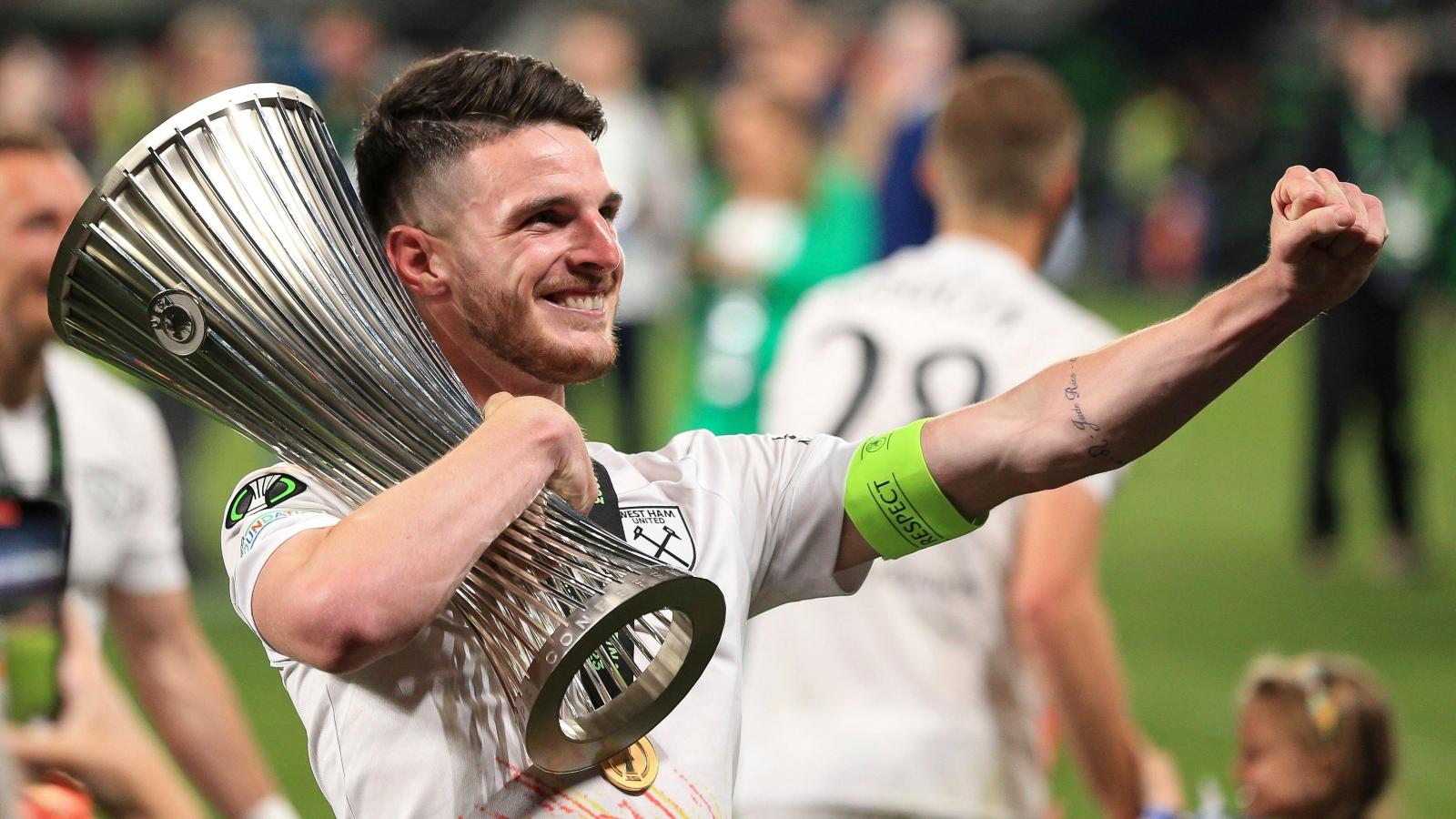 Declan Rice with the UEFA Conference League trophy at Fortuna Arena, Prague, Czech Republic, June 2023.