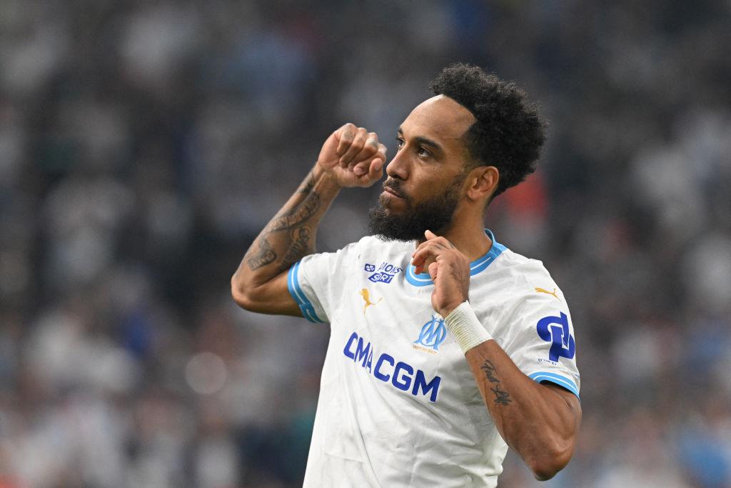 Pierre-Emerick Aubameyang celebrates scoring his team's third goal during the football match between Olympique Marseille and FC Lorient