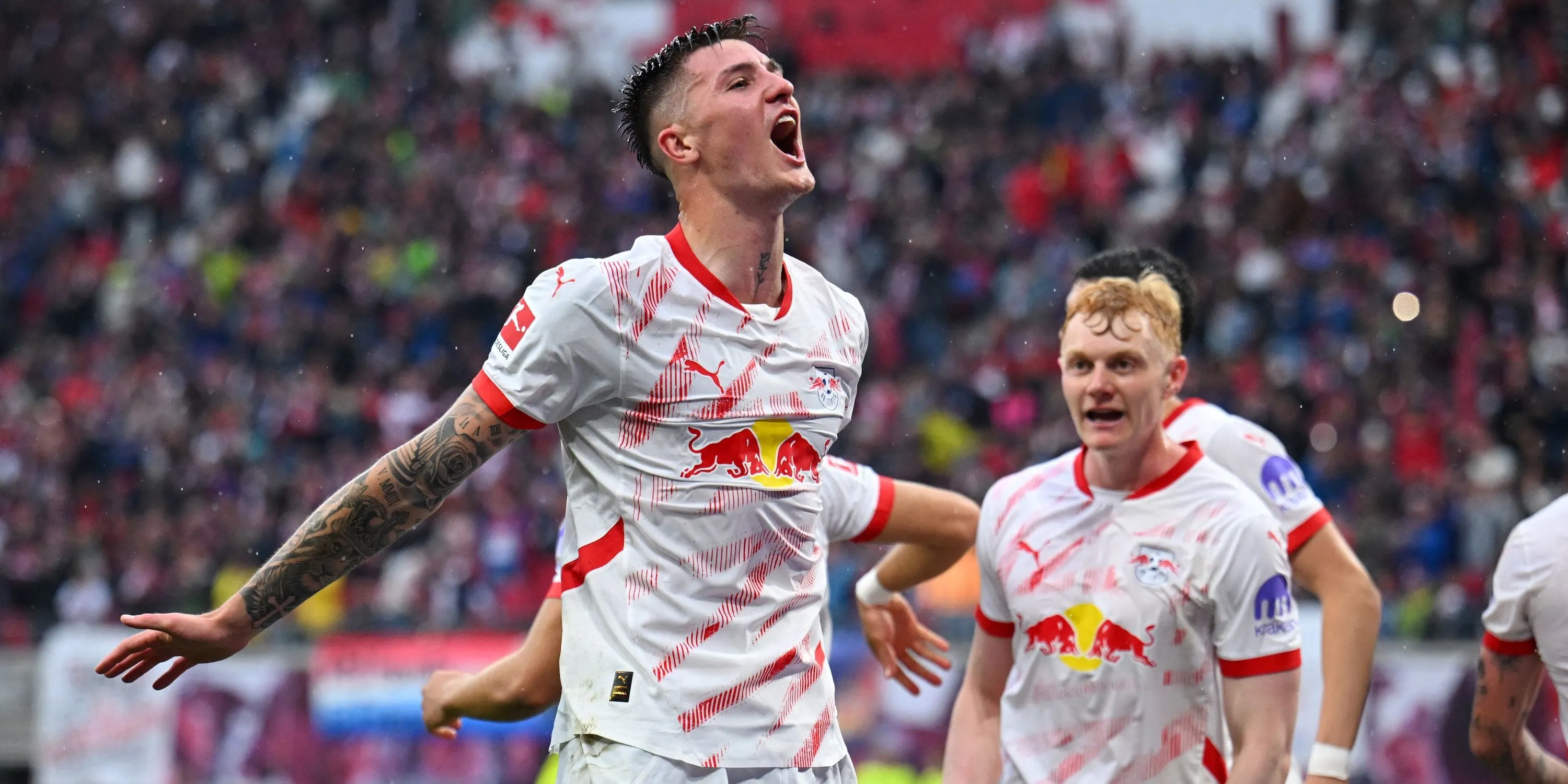 Tiền đạo Benjamin Šeško ăn mừng bàn thắng cho RB Leipzig, cầu thủ được Newcastle United nhắm đến